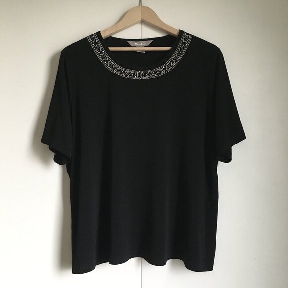 Vintage Black Stretchy Boho Tee With Stitchwork and Beadwork - Picture 1 of 15